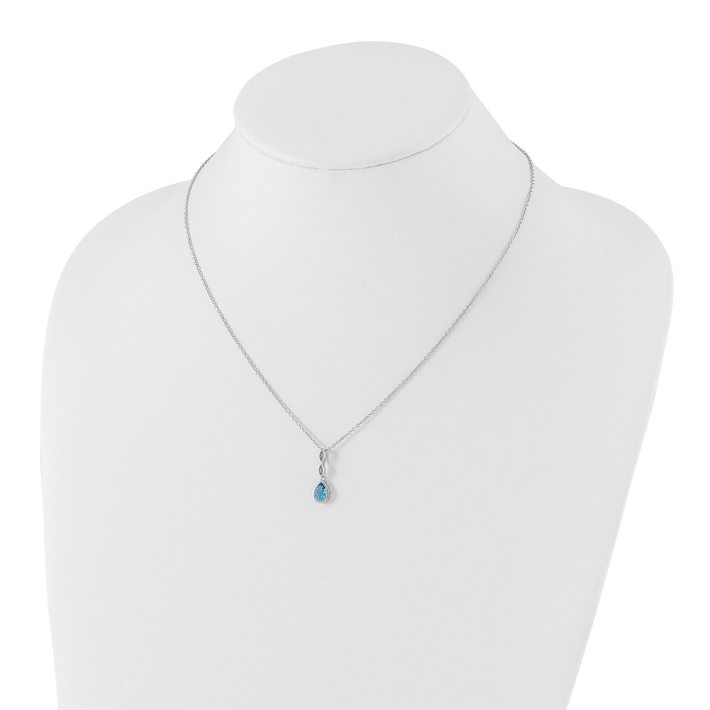 Sterling Silver White Ice Rhodium-Plated 18 Inch Blue Topaz And Diamond Teardrop Necklace With 2 Extender