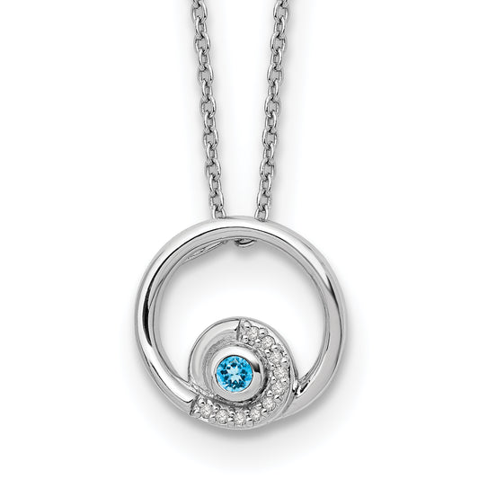 Sterling Silver White Ice Rhodium-Plated 18 Inch Blue Topaz And Diamond Necklace With 2 Extender