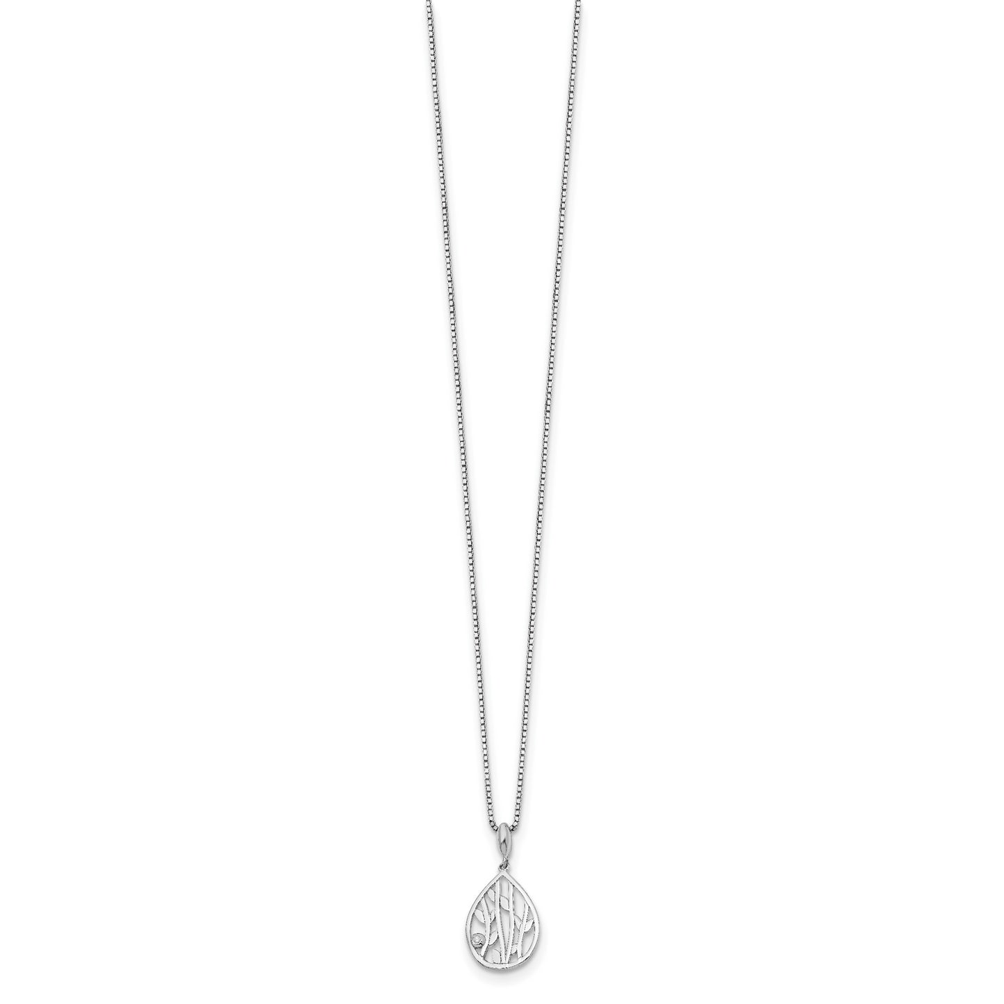 Sterling Silver White Ice Rhodium-Plated 18 Inch Diamond Leaf Pendant Necklace With 2 Extender