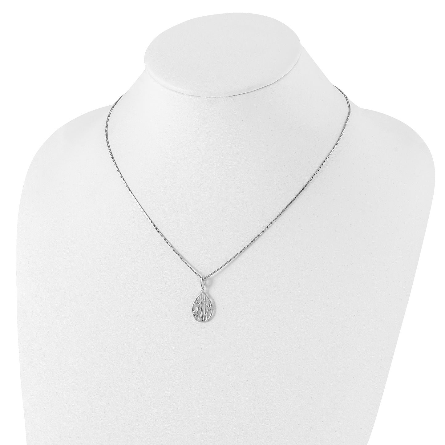 Sterling Silver White Ice Rhodium-Plated 18 Inch Diamond Leaf Pendant Necklace With 2 Extender