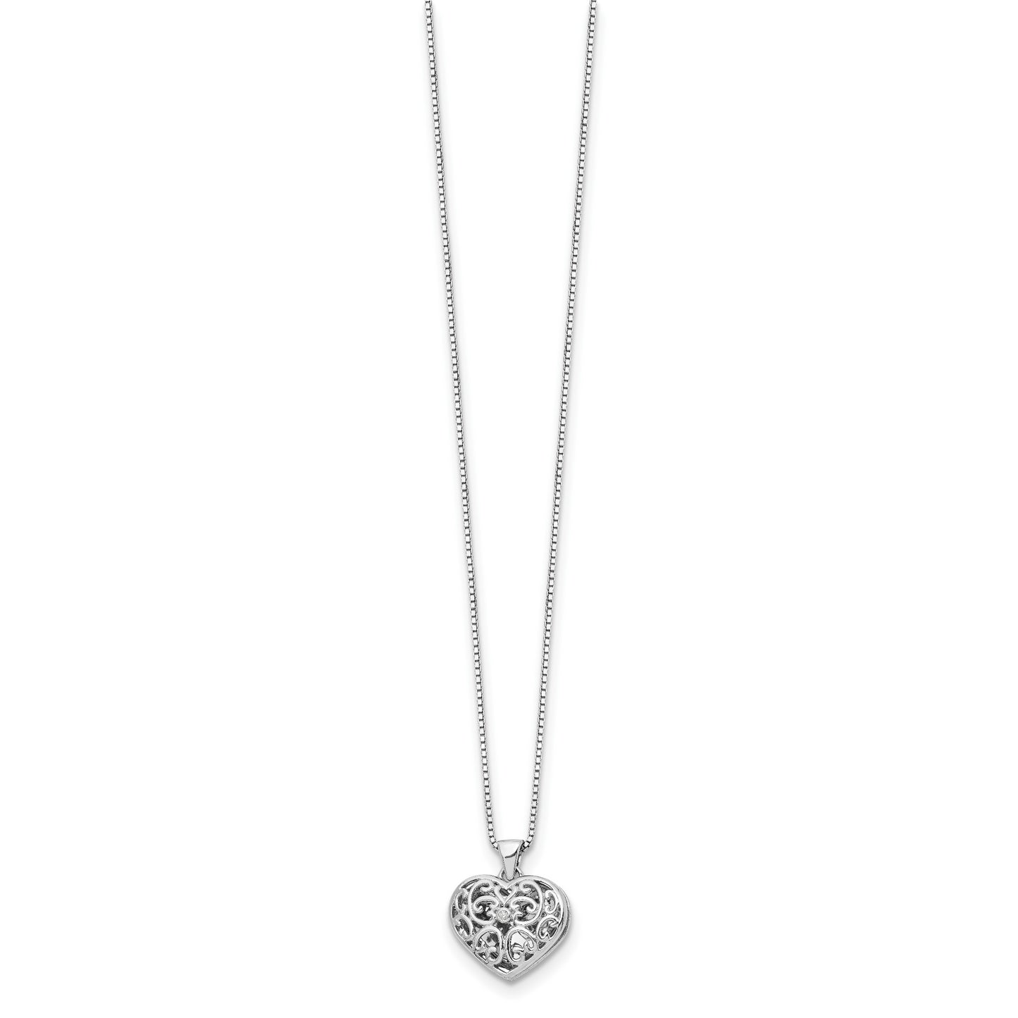 Sterling Silver White Ice Rhodium-Plated 18 Inch Diamond Filigree Heart Locket Necklace With 2 Extender