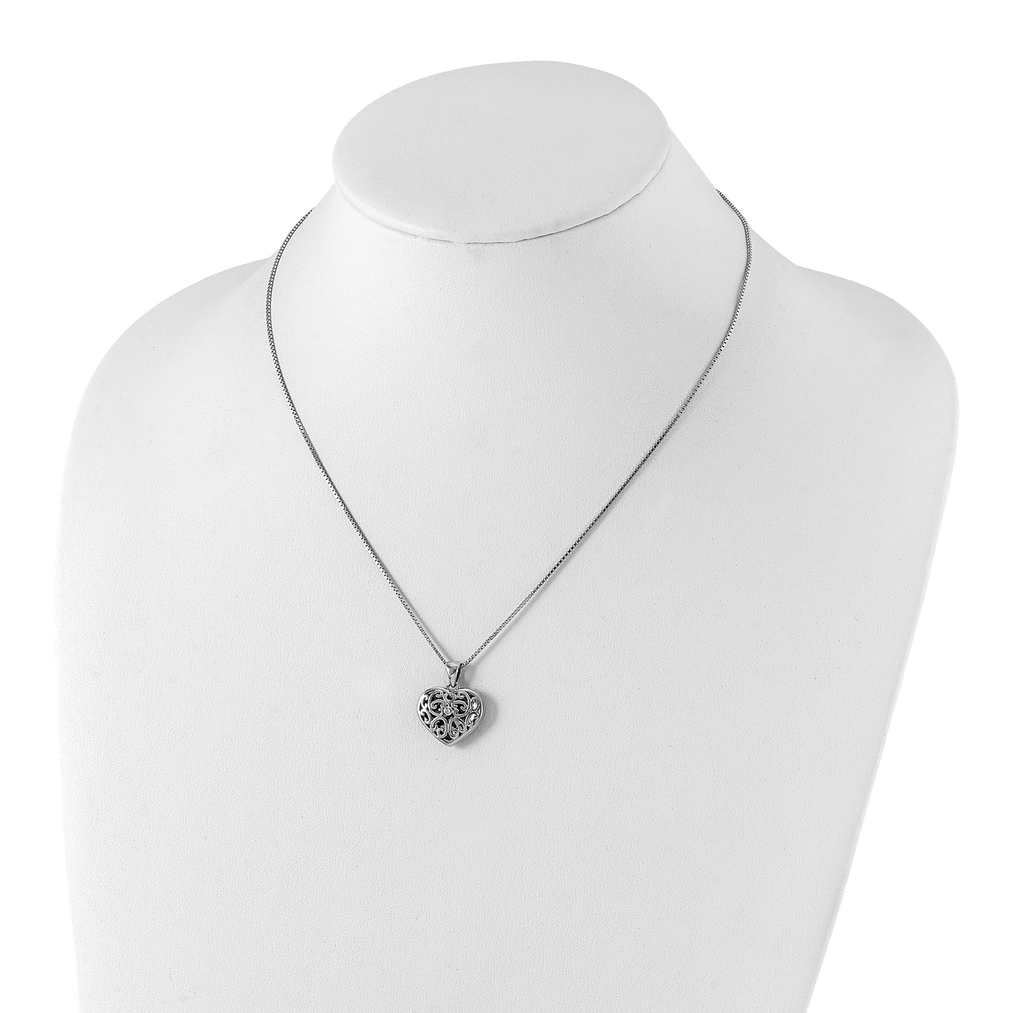 Sterling Silver White Ice Rhodium-Plated 18 Inch Diamond Filigree Heart Locket Necklace With 2 Extender