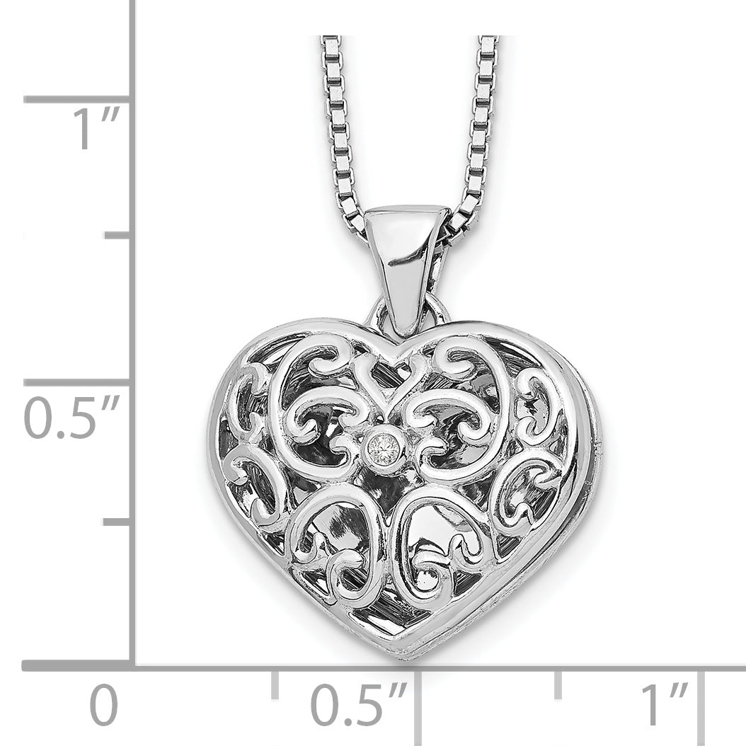 Sterling Silver White Ice Rhodium-Plated 18 Inch Diamond Filigree Heart Locket Necklace With 2 Extender