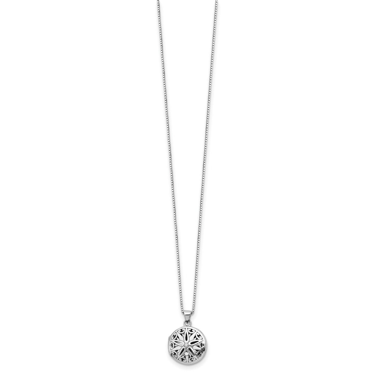 Sterling Silver White Ice Rhodium-Plated 18 Inch Diamond Star Round Locket Necklace With 2 Extender