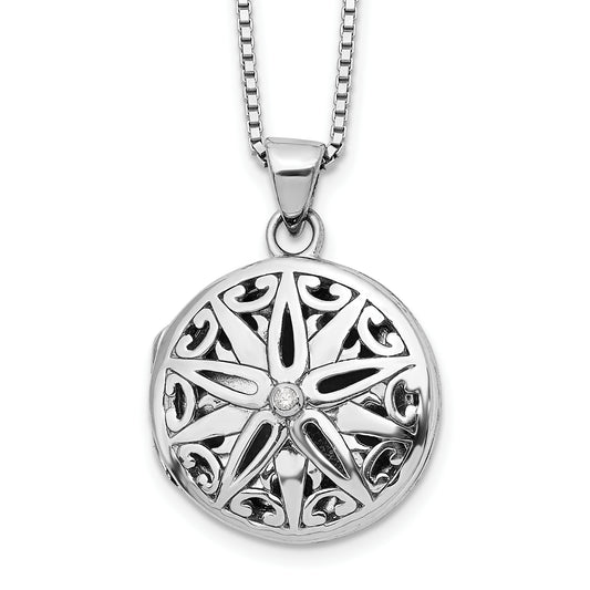 Sterling Silver White Ice Rhodium-Plated 18 Inch Diamond Star Round Locket Necklace With 2 Extender