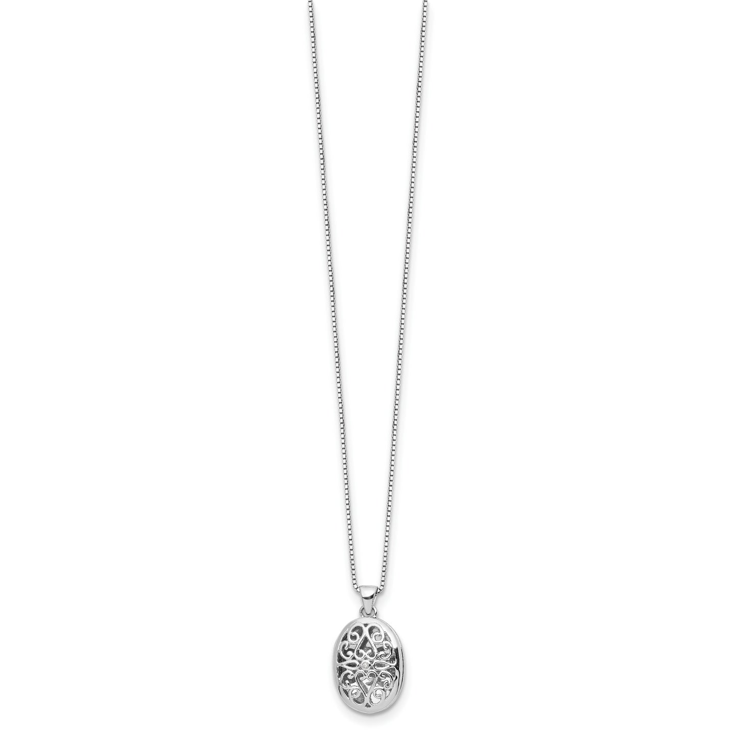 Sterling Silver White Ice Rhodium-Plated 18 Inch Diamond Filigree Oval Locket Necklace With 2 Extender