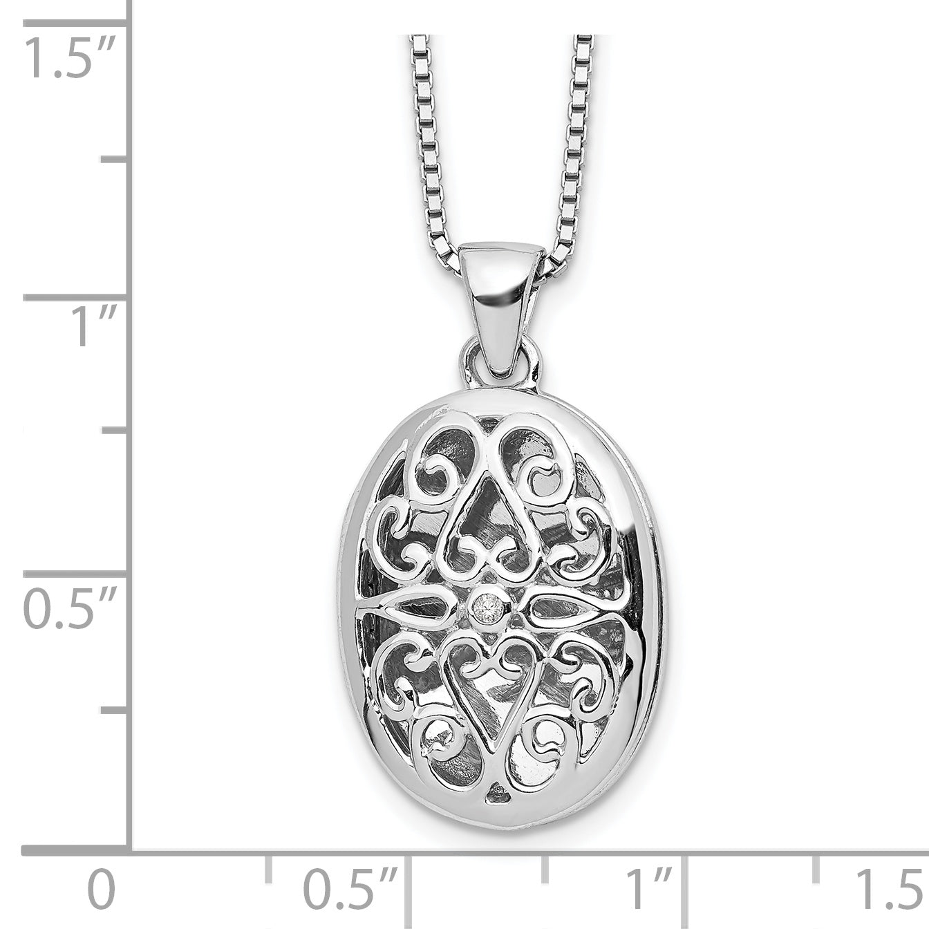 Sterling Silver White Ice Rhodium-Plated 18 Inch Diamond Filigree Oval Locket Necklace With 2 Extender