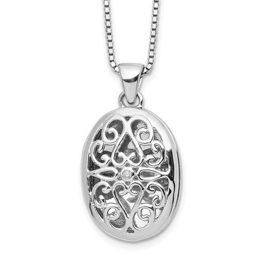 Sterling Silver White Ice Rhodium-Plated 18 Inch Diamond Filigree Oval Locket Necklace With 2 Extender