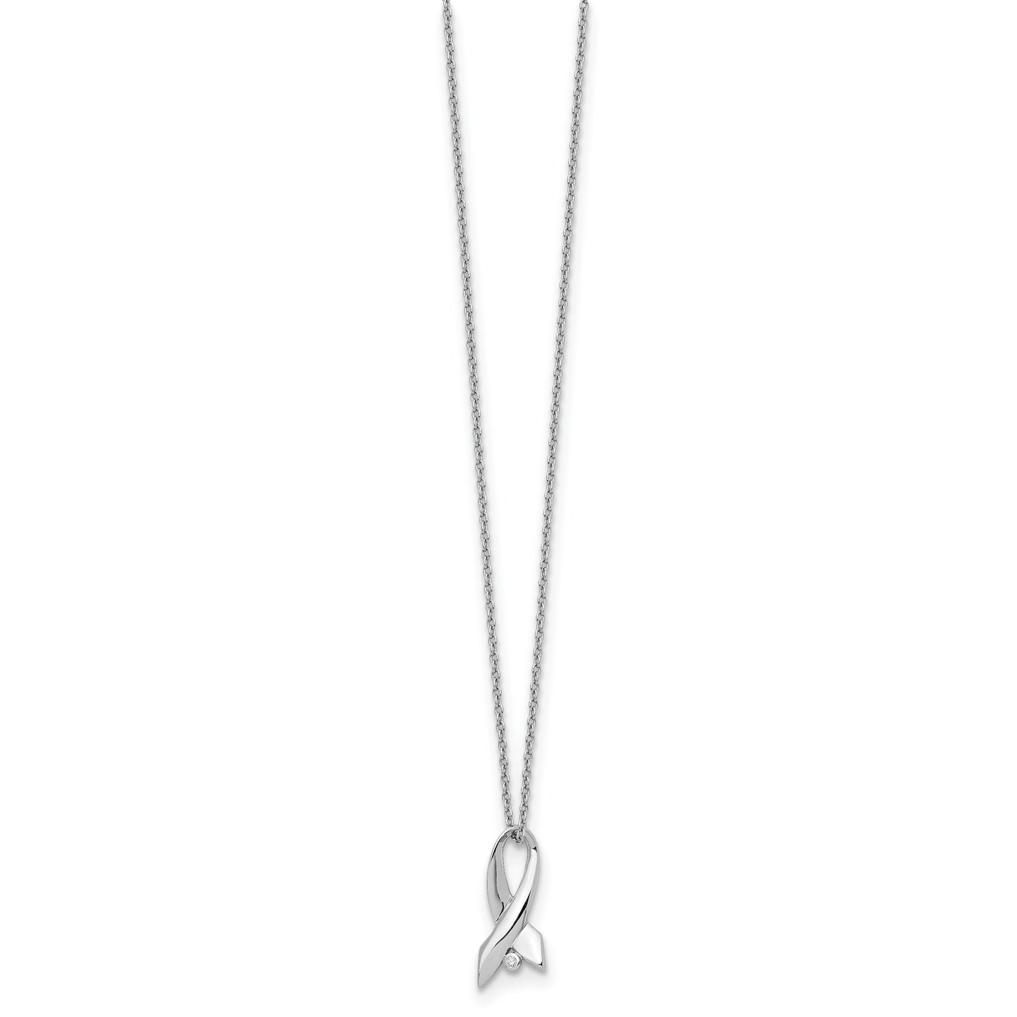 Sterling Silver White Ice Rhodium-Plated 18 Inch Diamond Awareness Ribbon Necklace With 2 Extender