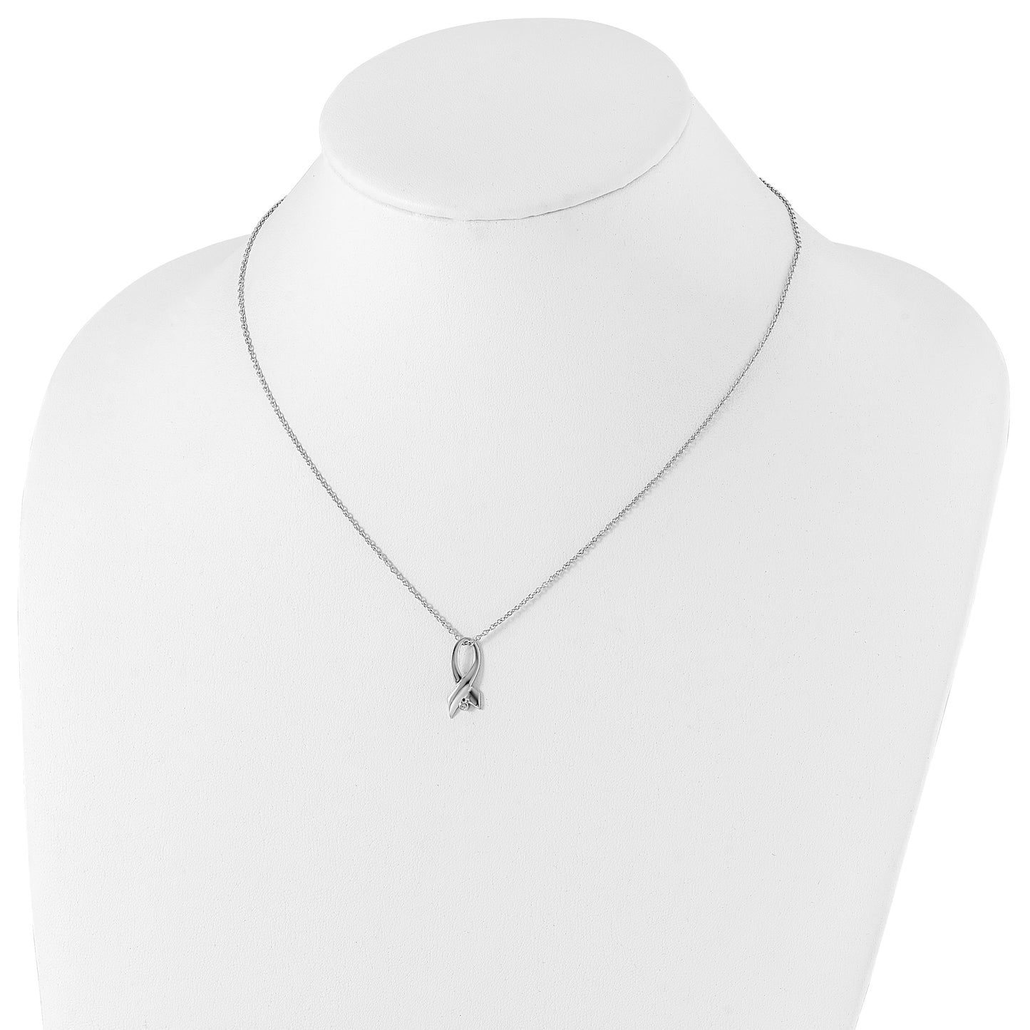 Sterling Silver White Ice Rhodium-Plated 18 Inch Diamond Awareness Ribbon Necklace With 2 Extender