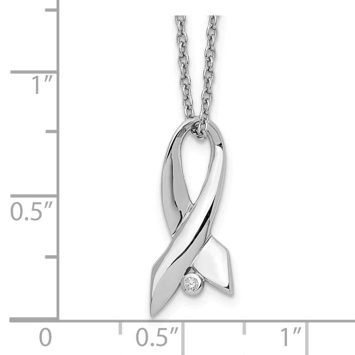 Sterling Silver White Ice Rhodium-Plated 18 Inch Diamond Awareness Ribbon Necklace With 2 Extender