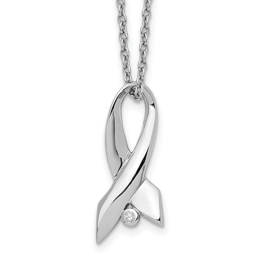 Sterling Silver White Ice Rhodium-Plated 18 Inch Diamond Awareness Ribbon Necklace With 2 Extender