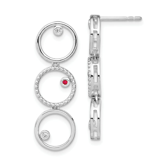 Sterling Silver White Ice Rhodium-Plated Diamond And Ruby Post Drop Earrings