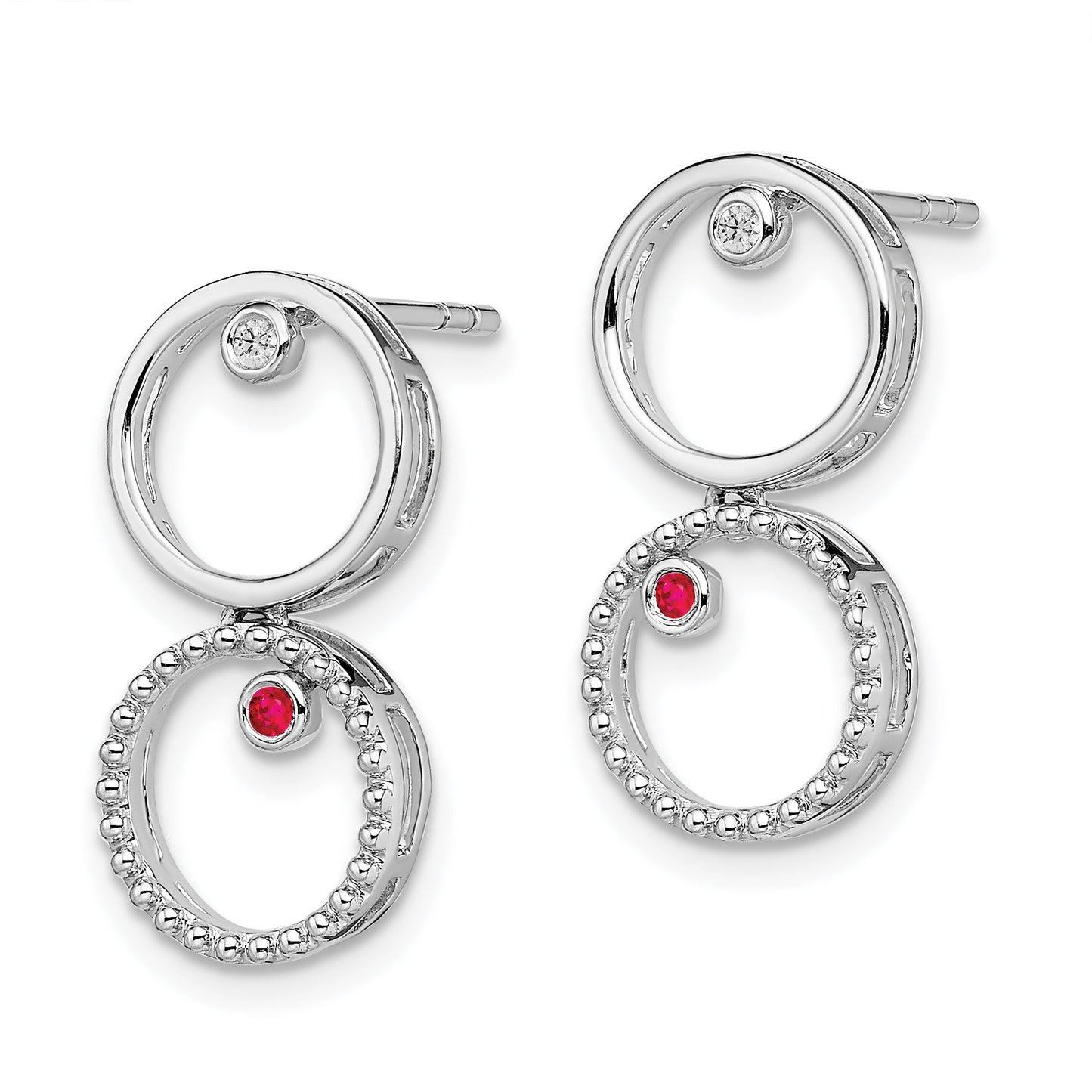 Sterling Silver White Ice Rhodium-Plated Diamond And Ruby Post Drop Earrings