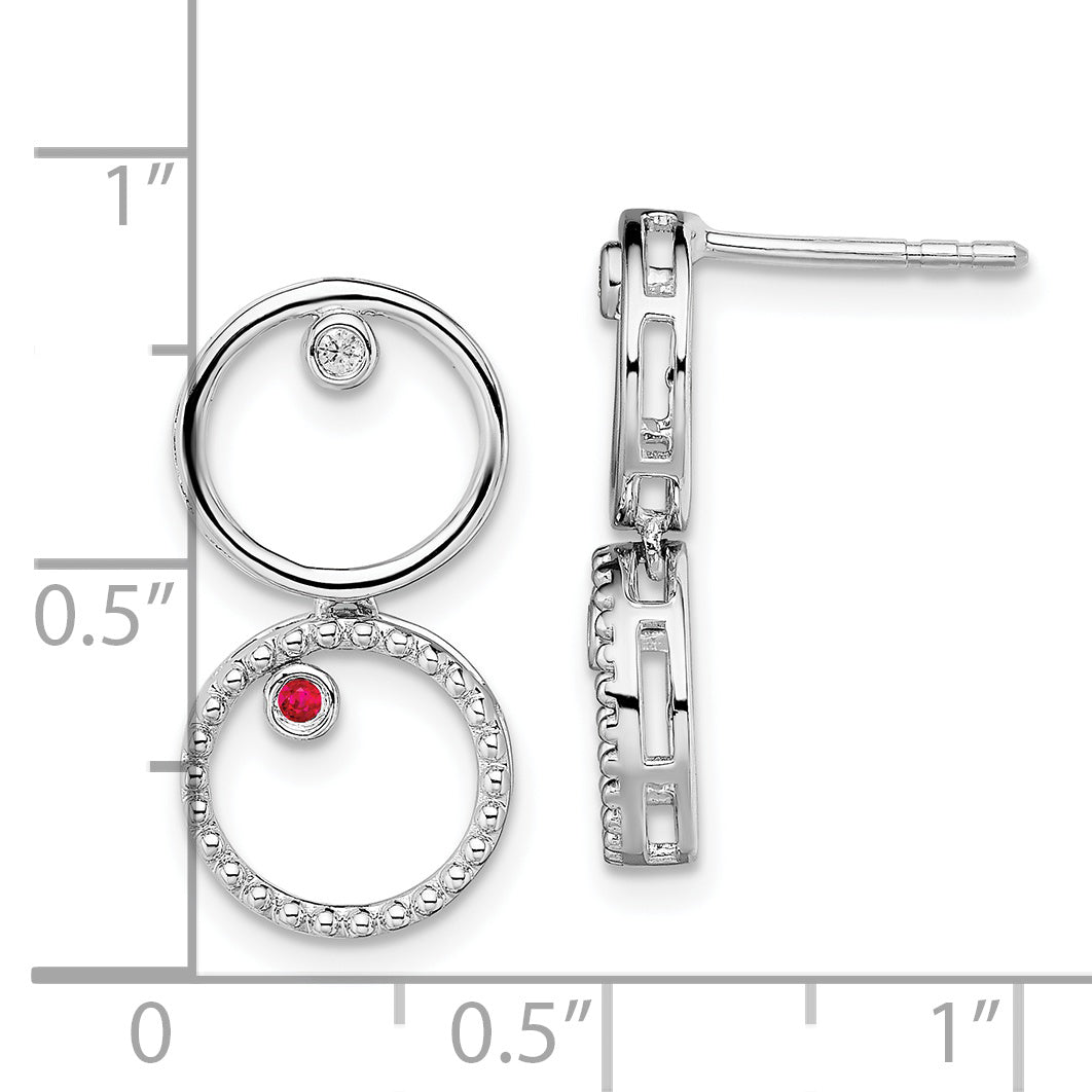 Sterling Silver White Ice Rhodium-Plated Diamond And Ruby Post Drop Earrings