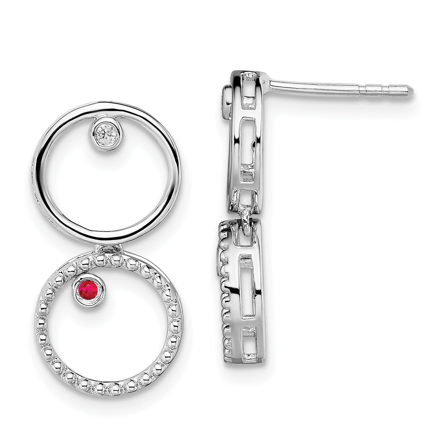 Sterling Silver White Ice Rhodium-Plated Diamond And Ruby Post Drop Earrings