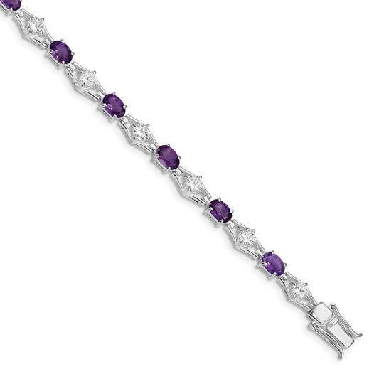 7 Inch Sterling Silver Rhodium-Plated Amethyst & Cz Bracelet