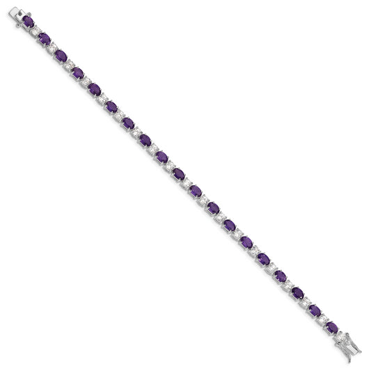 7 Inch Sterling Silver Rhodium-Plated Amethyst & Cz Bracelet