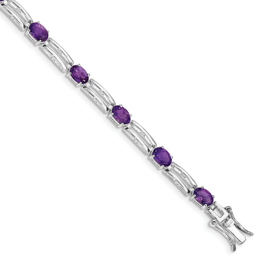 7 Inch Sterling Silver Rhodium-Plated Amethyst Bracelet