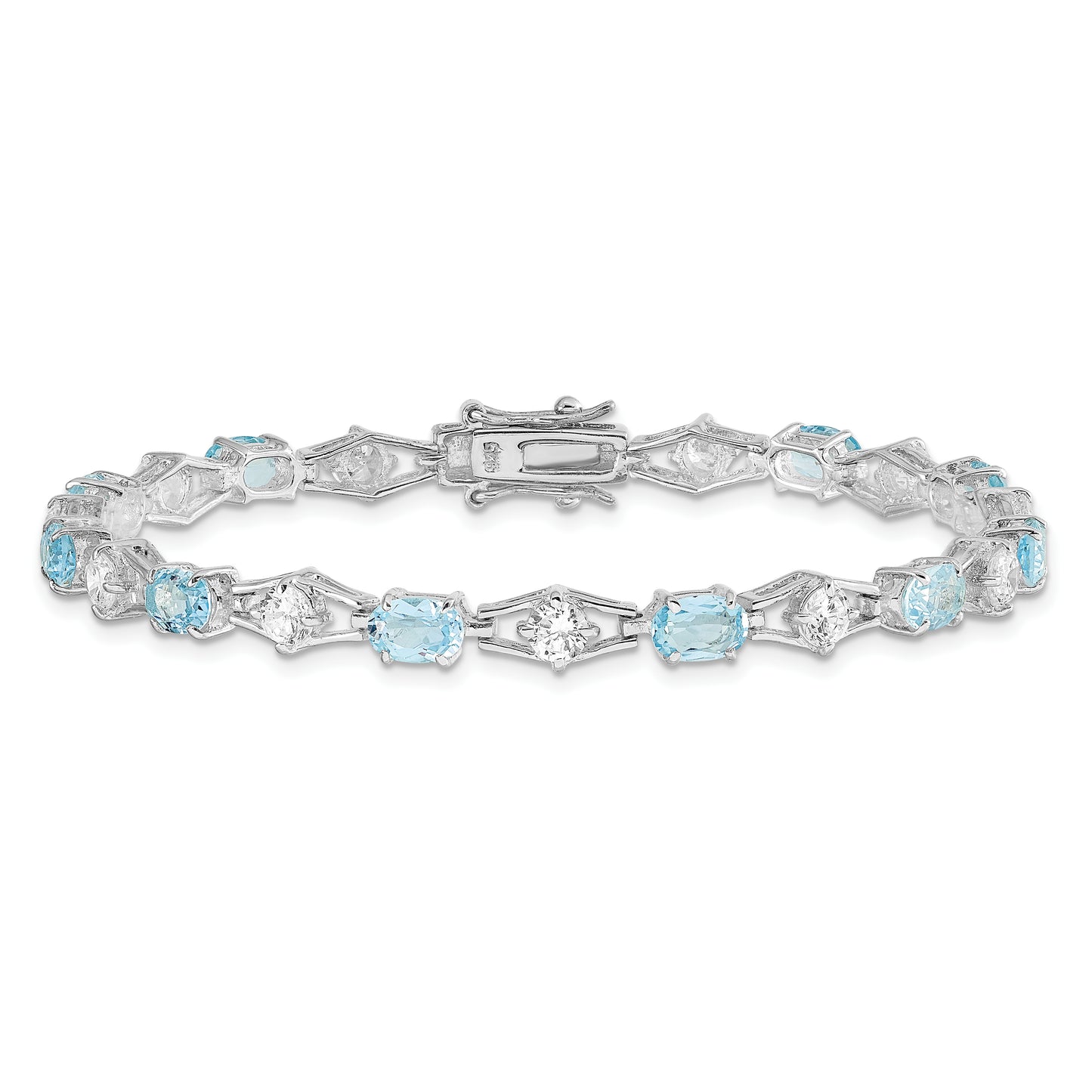 7 Inch Sterling Silver Rhodium-Plated Blue Topaz & Cz Bracelet