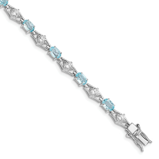 7 Inch Sterling Silver Rhodium-Plated Blue Topaz & Cz Bracelet