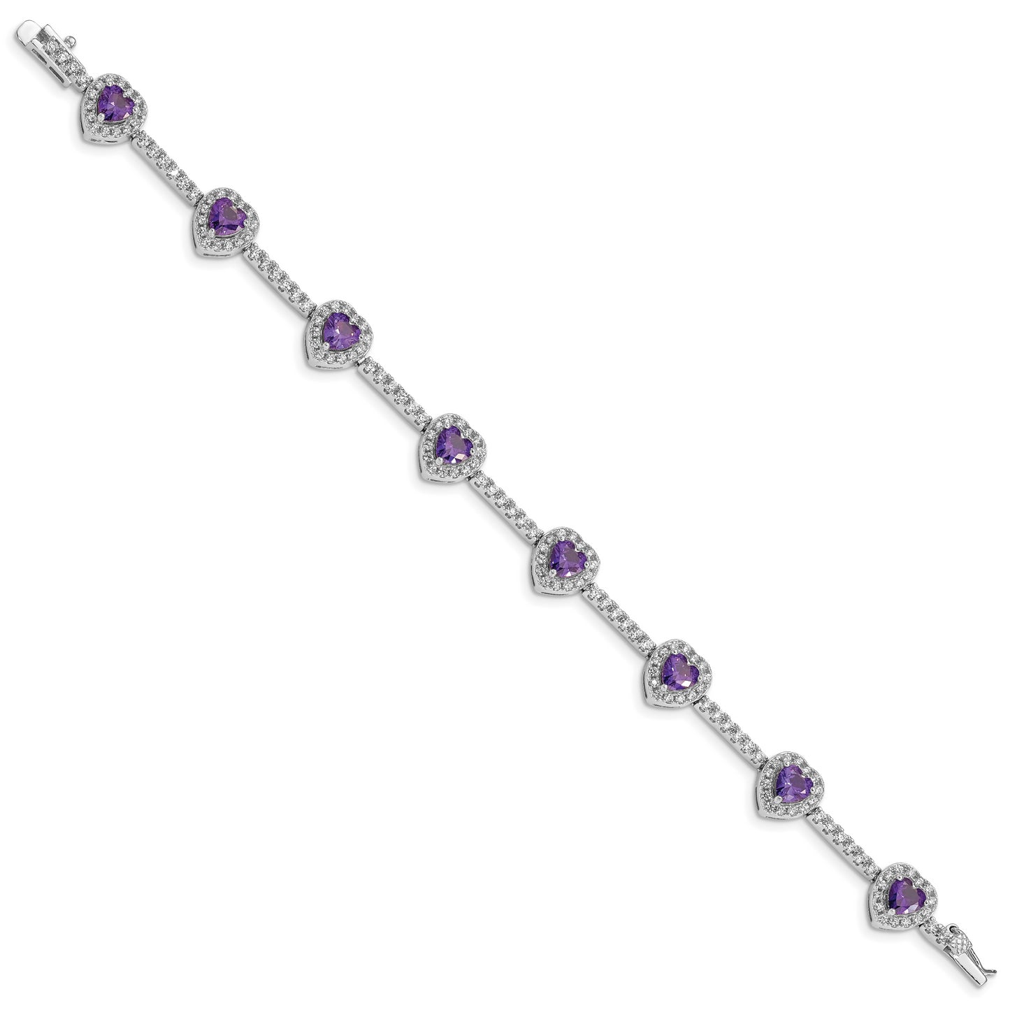 7 Inch Sterling Silver Rhodium-Plated Amethyst And Clear Cz Heart Bracelet