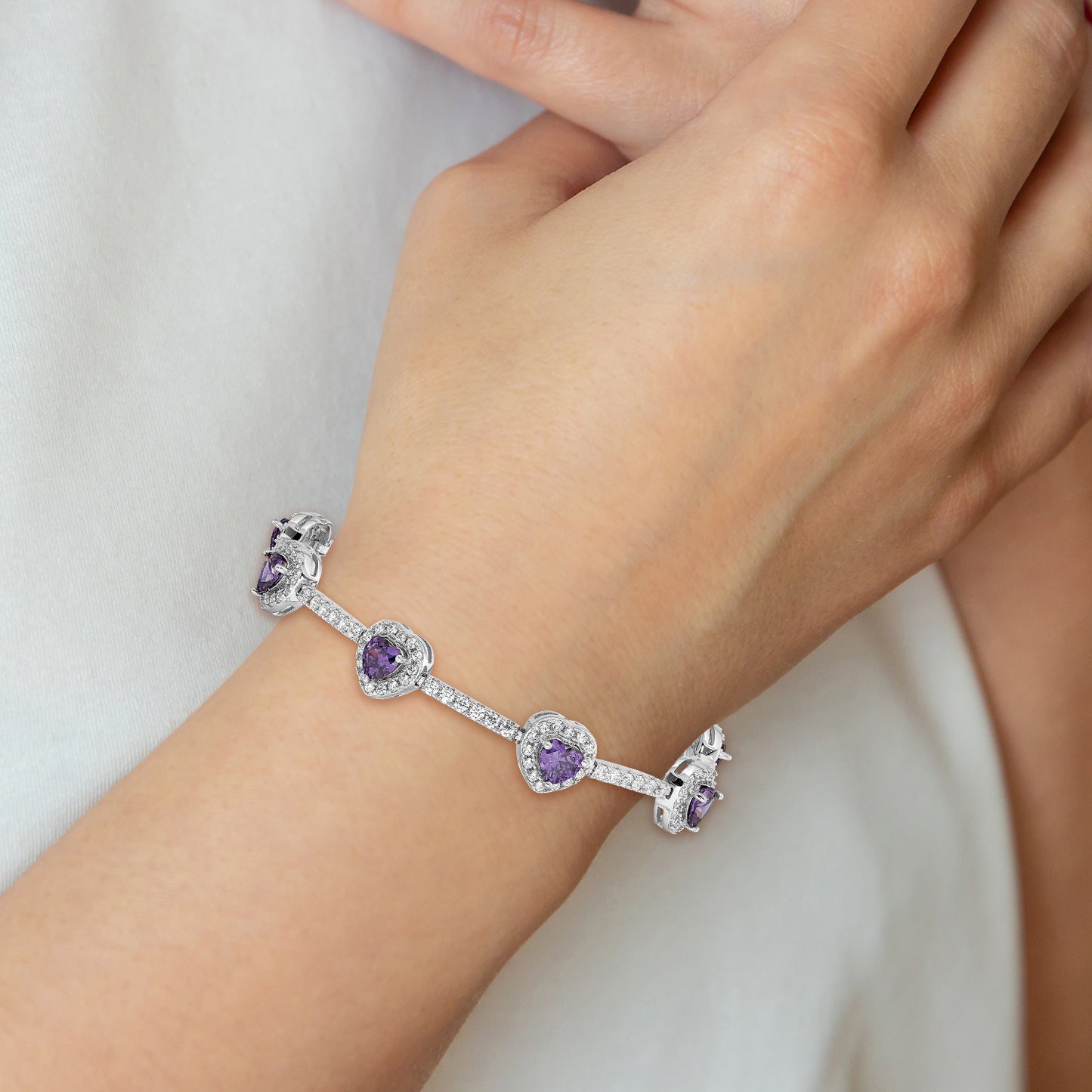 7 Inch Sterling Silver Rhodium-Plated Amethyst And Clear Cz Heart Bracelet