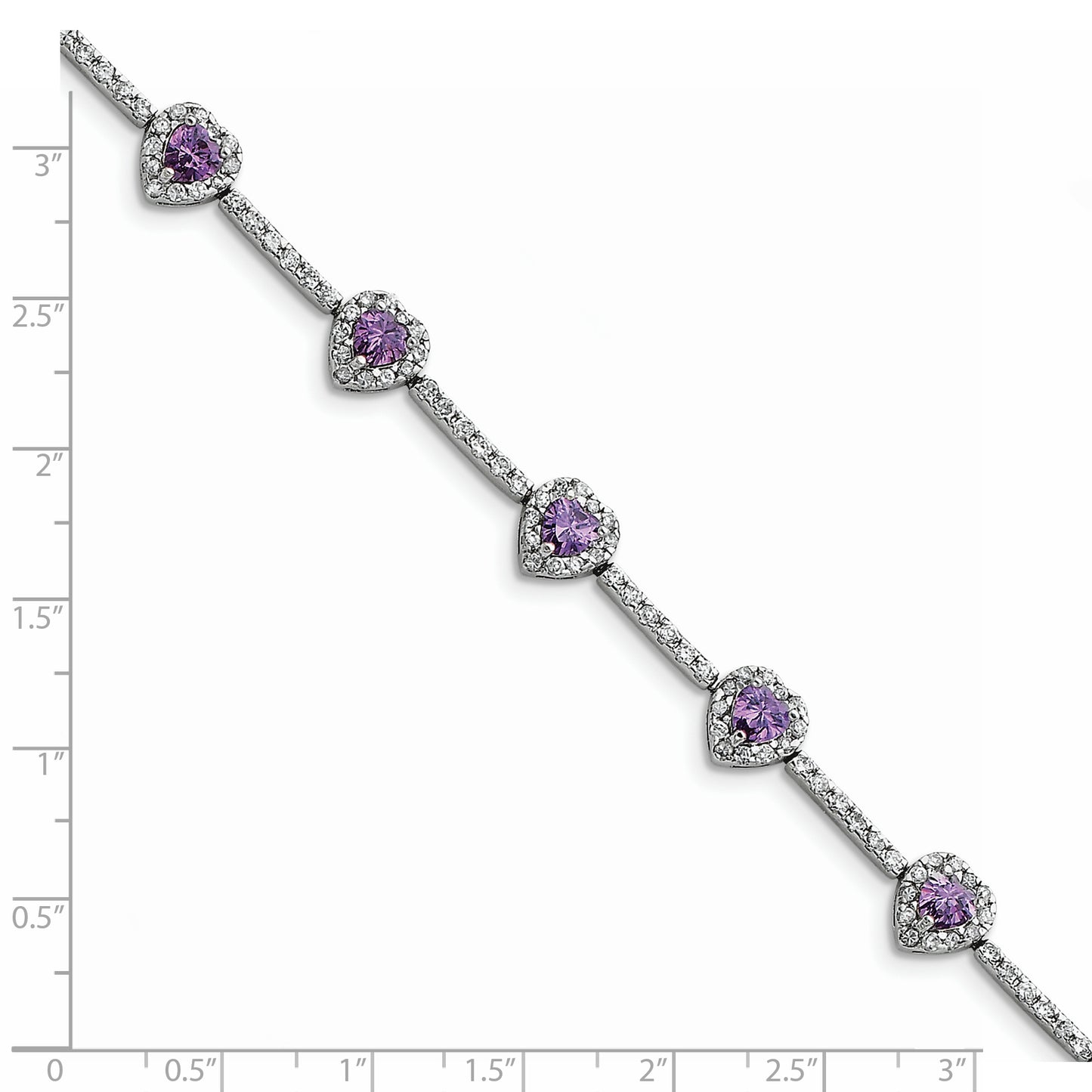 7 Inch Sterling Silver Rhodium-Plated Amethyst And Clear Cz Heart Bracelet