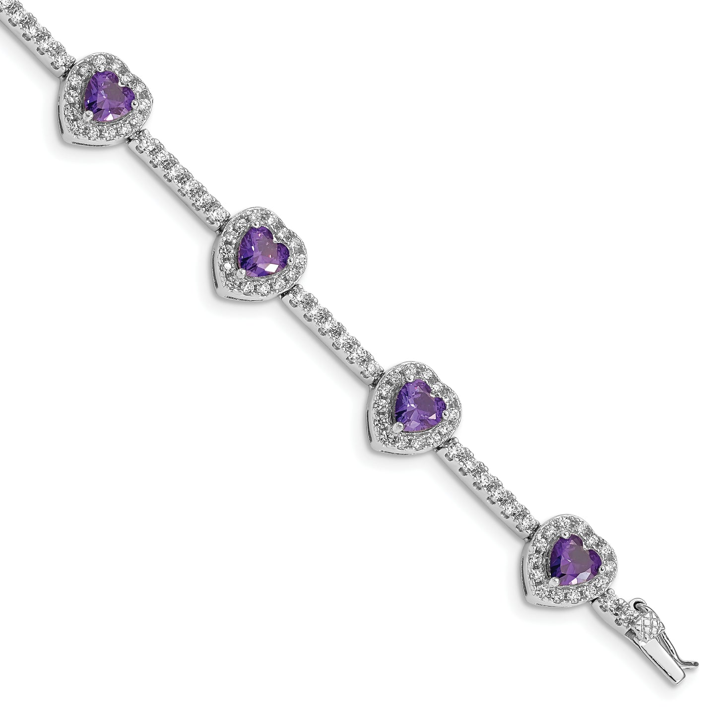 7 Inch Sterling Silver Rhodium-Plated Amethyst And Clear Cz Heart Bracelet