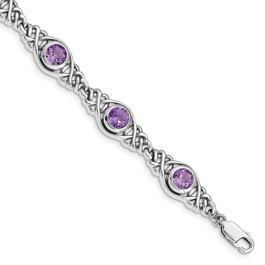 7.25 Inch Sterling Silver Rhodium-Plated Amethyst Bracelet