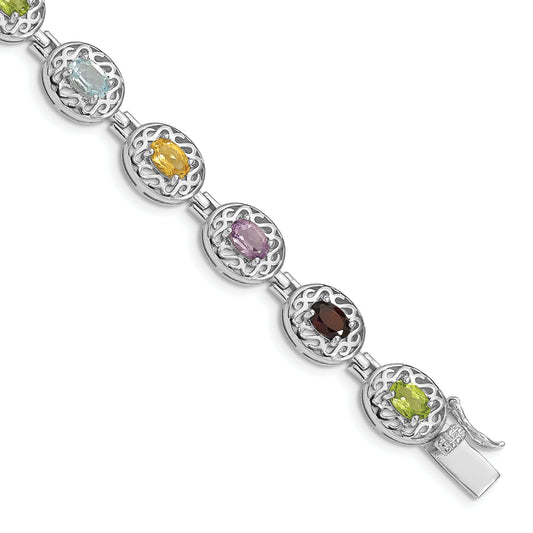 7.5 Inch Sterling Silver Rhodium Plated Multi-Gemstone 7.5Inch Bracelet