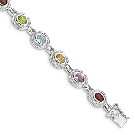 7 Inch Sterling Silver Rhod-Pltd 7Inch Rainbow Multi-Gemstone Bracelet