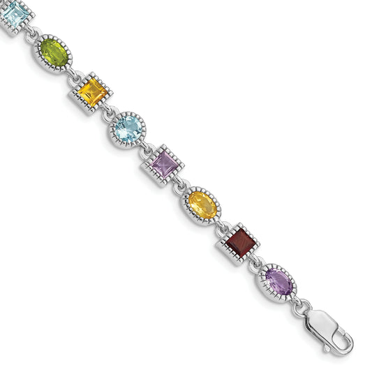 7 Inch Sterling Silver 7Inch Rhod Plated Rainbow Multi-Gemstone Bracelet