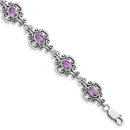 7.5 Inch Sterling Silver Rhodium-Plated Amethyst Bracelet