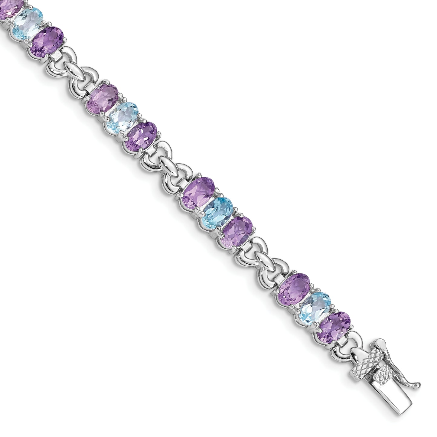 7.25 Inch Sterling Silver Rhodium-Plated Amethyst And Blue Topaz Bracelet