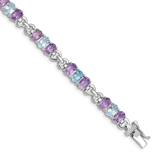 7.25 Inch Sterling Silver Rhodium-Plated Amethyst And Blue Topaz Bracelet