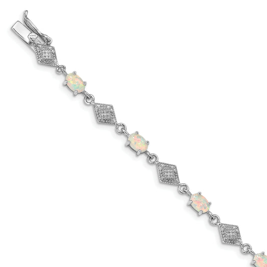 7 Inch Sterling Silver Rhodium-Plated White Created Opal And Cz Bracelet