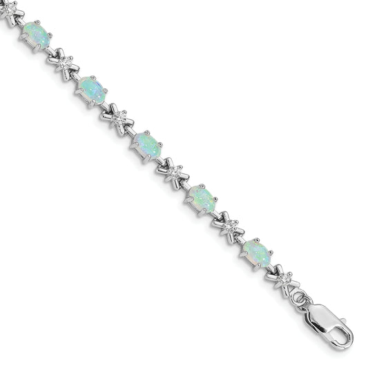 7 Inch Sterling Silver Rhodium Plated 7Inch Cz/Created Opal Xo Bracelet