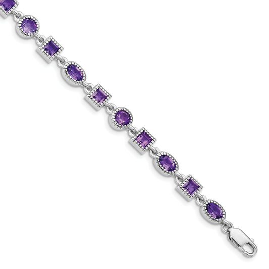 7 Inch Sterling Silver Rhodium-Plated Amethyst Bracelet