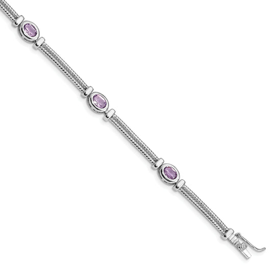 7 Inch Sterling Silver Rhodium-Plated Amethyst Bracelet