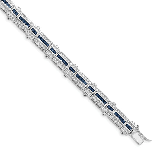 7 Inch Sterling Silver Rhodium-Plated Sapphire & Cz Bracelet