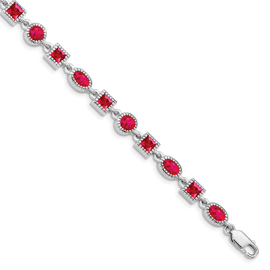 7 Inch Sterling Silver Rhodium-Plated Ruby Bracelet