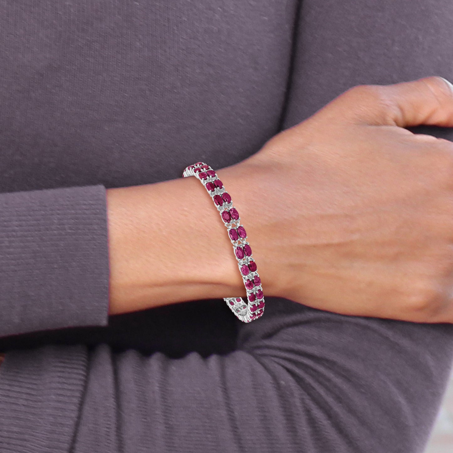 7 Inch Sterling Silver Rhodium-Plated Ruby Bracelet