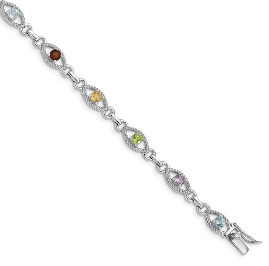 7 Inch Sterling Silver 7In Rhod Plated Multicolored Gemstone Link Bracelet