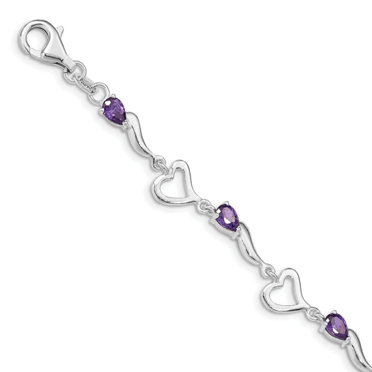 7 Inch Sterling Silver Rhodium-Plated Amethyst Polished Fancy Heart Bracelet