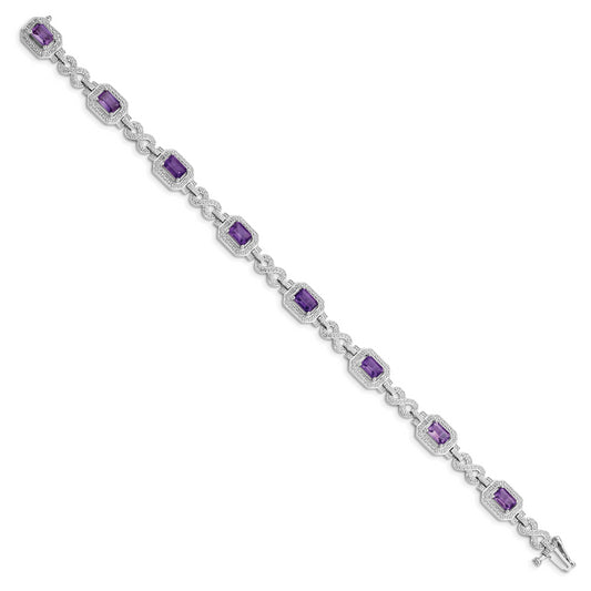 7 Inch Sterling Silver Rhodium-Plated Diamond & Amethyst Bracelet