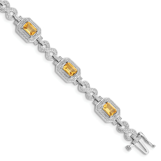 7 Inch Sterling Silver Rhodium-Plated Diamond & Citrine Bracelet