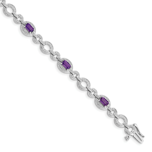 7 Inch Sterling Silver Rhodium-Plated Diamond & Amethyst Oval Link Bracelet