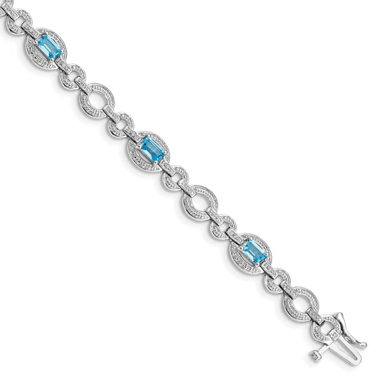 7 Inch Sterling Silver Rhodium-Plated Dia. & Lt Swiss Blue Topaz Oval Bracelet