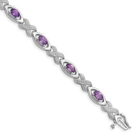 7.5 Inch Sterling Silver Rhodium-Plated Diamond & Amethyst Bracelet